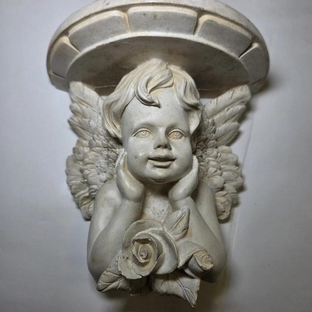 Set of 2 Vintage Hand Carved Wood Cherub Angel Wall Shelf Corbels with Roses